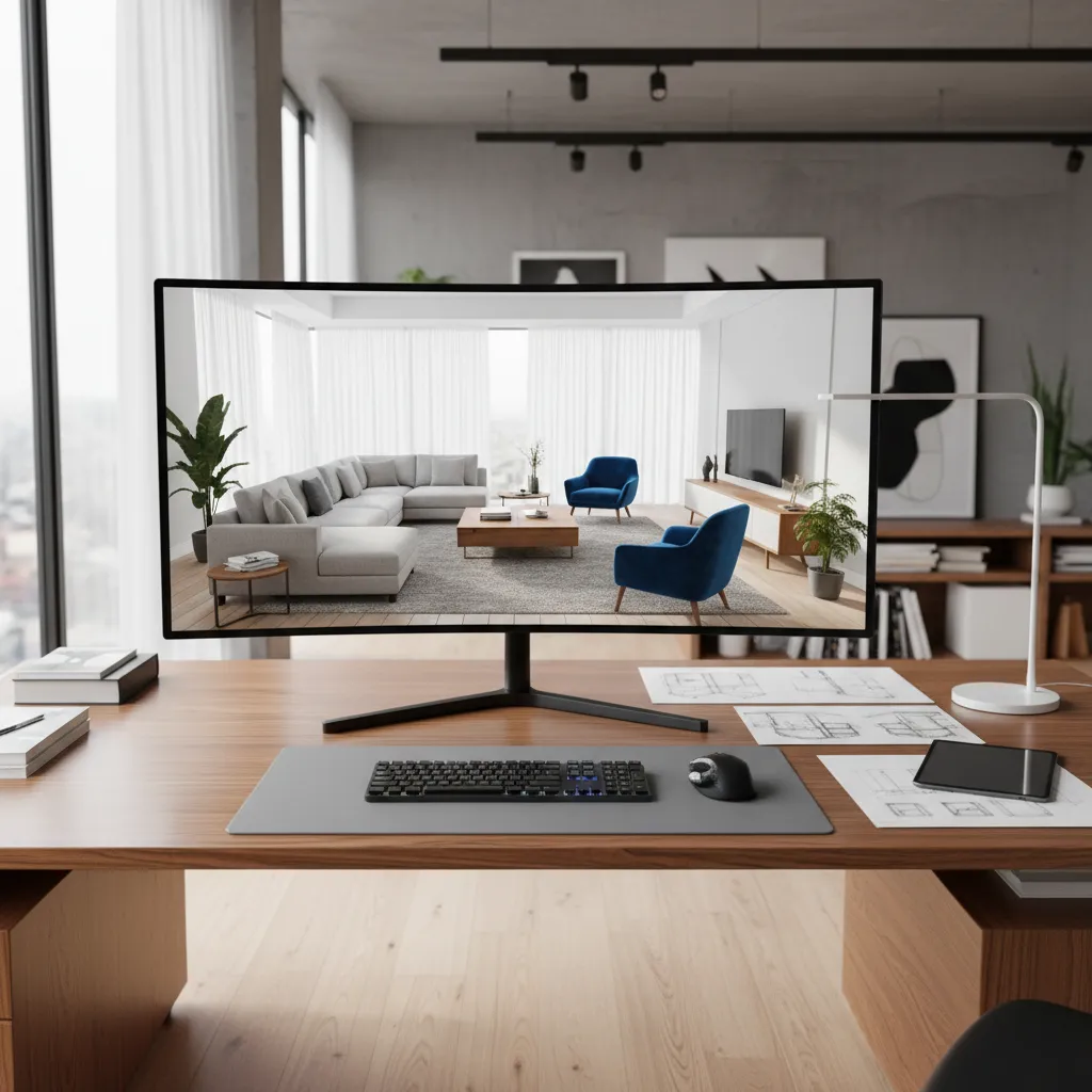 Pantalla mostrando visualización 3D de salón antes de comprar mobiliario