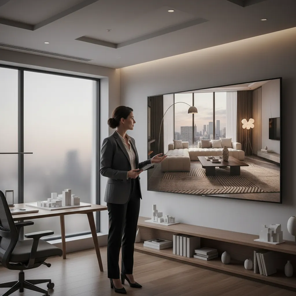 Diseñador observando render 3D de un salón moderno en pantalla grande