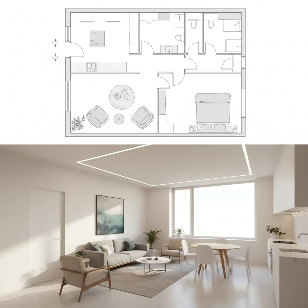 Comparación de plano 2D y visualización 3D de un apartamento pequeño