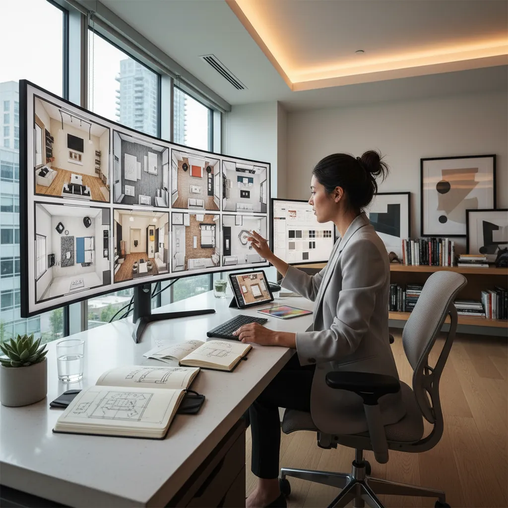 Diseñador visualizando diferentes distribuciones de una vivienda en pantalla