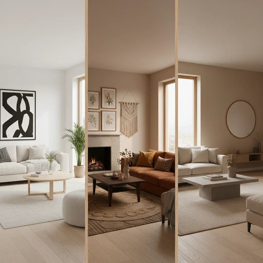 Visualización digital comparando diferentes estilos de interior en una misma habitación