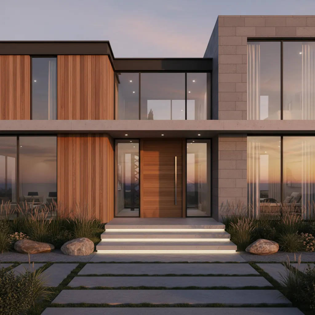 Modern house exterior with stone walls wooden wall panels glass windows and lighted entry steps