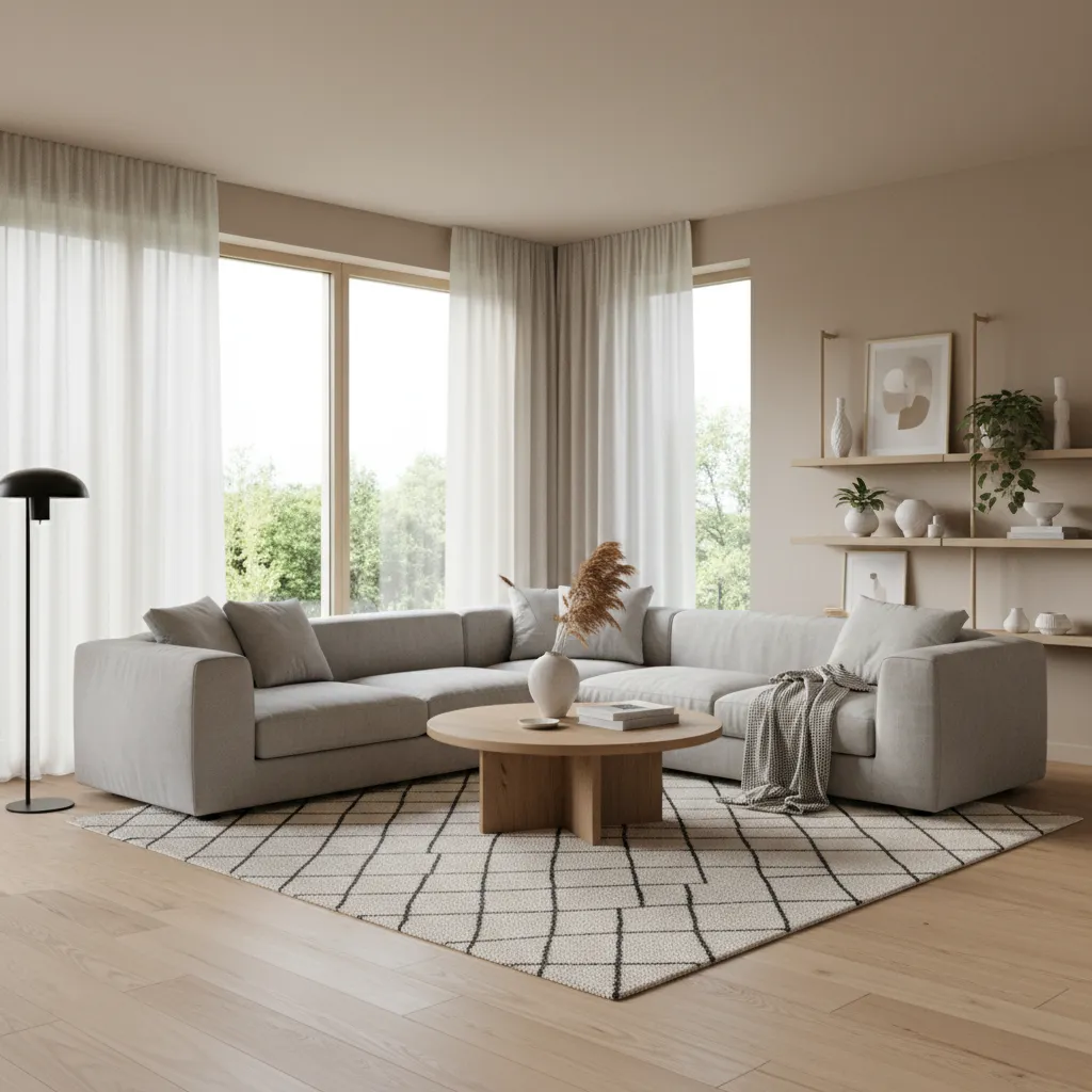 Render generado con inteligencia artificial de un salón moderno con sofá, iluminación natural y decoración minimalista