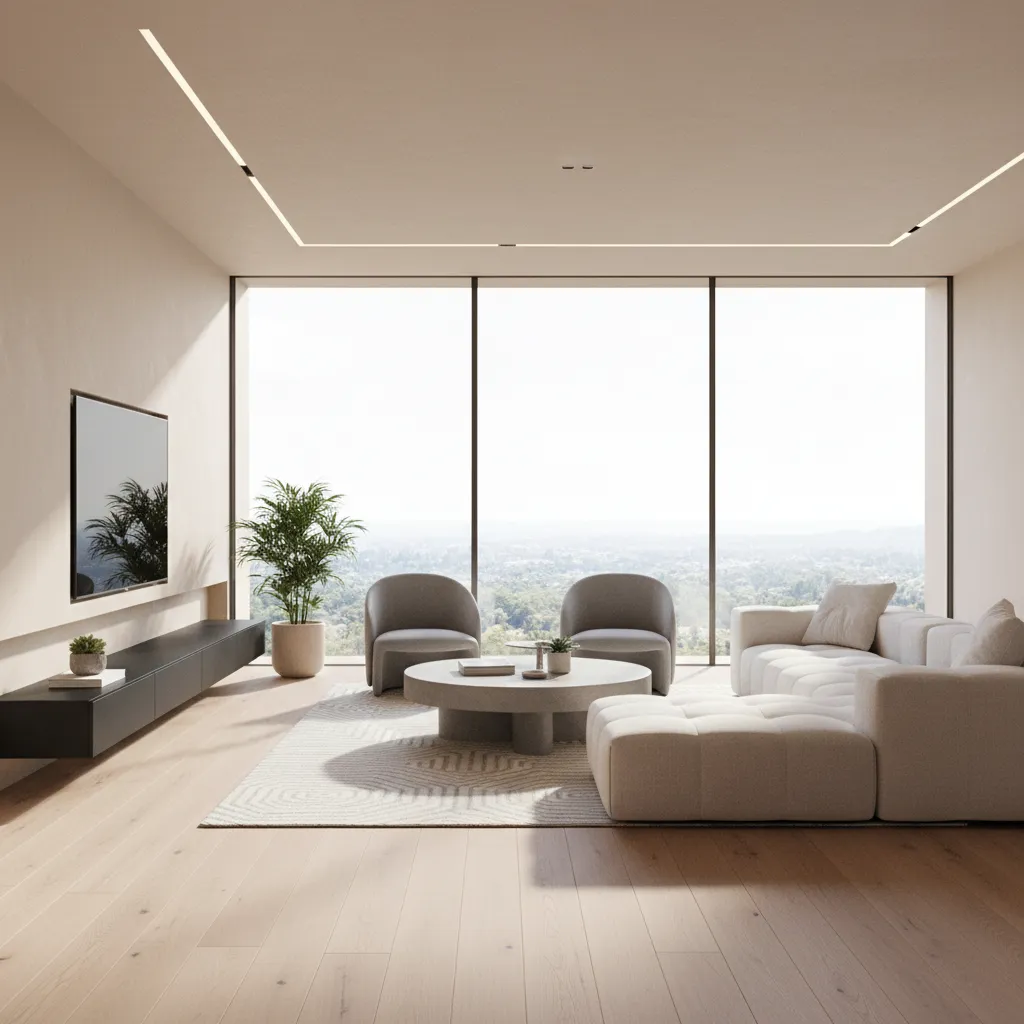Renderizado 3D de salón moderno generado con software de diseño
