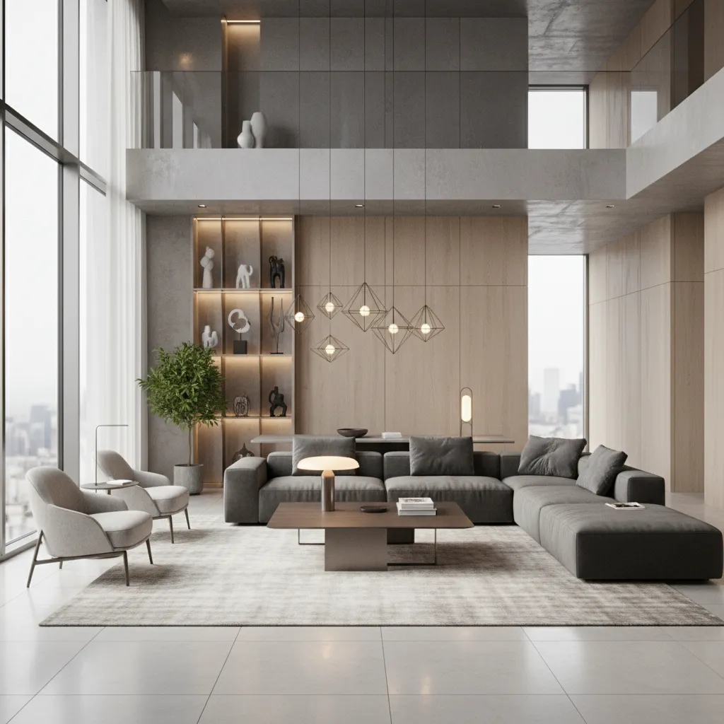 Modern living room interior design drawing with grey sofa wood wall panels and ceiling light