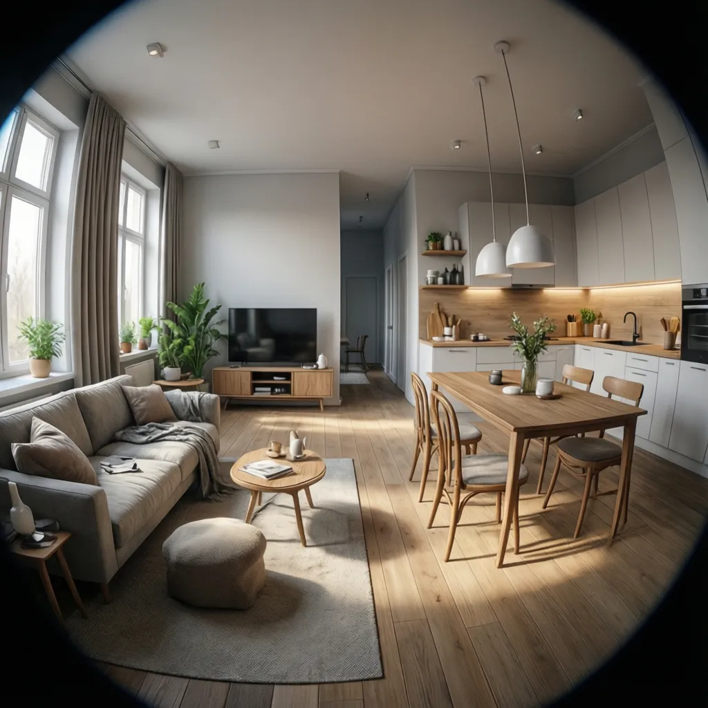 Vista 3D realista de un apartamento diseñado digitalmente