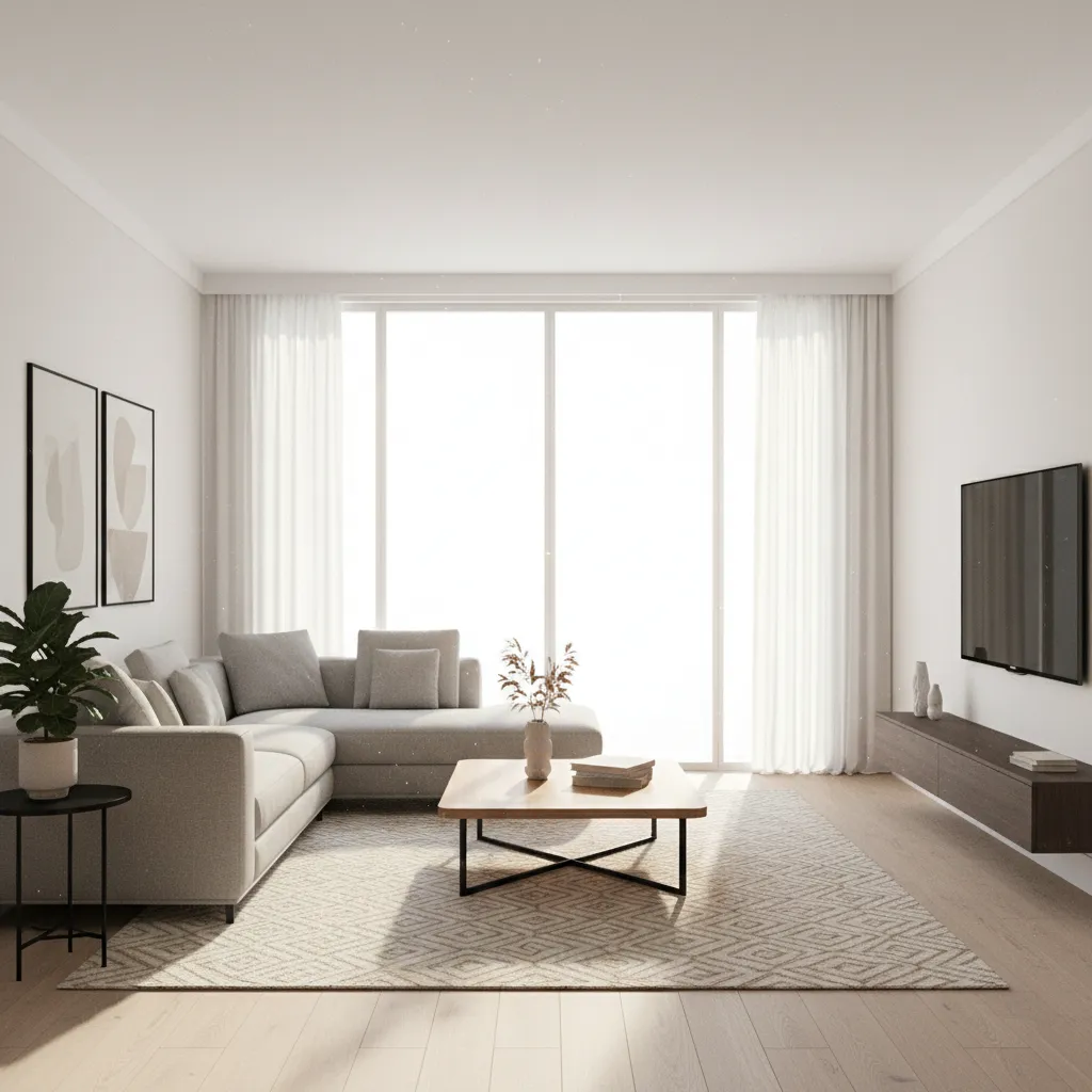 Render interior realista de salón generado a partir de un plano de casa