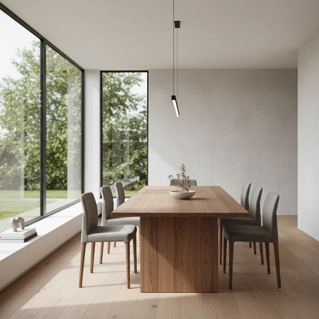 Render 3D realista de comedor moderno con iluminación natural