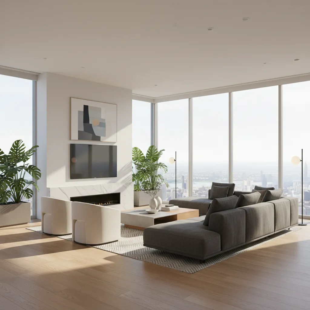 Render realista de un salón moderno generado con software de diseño interior