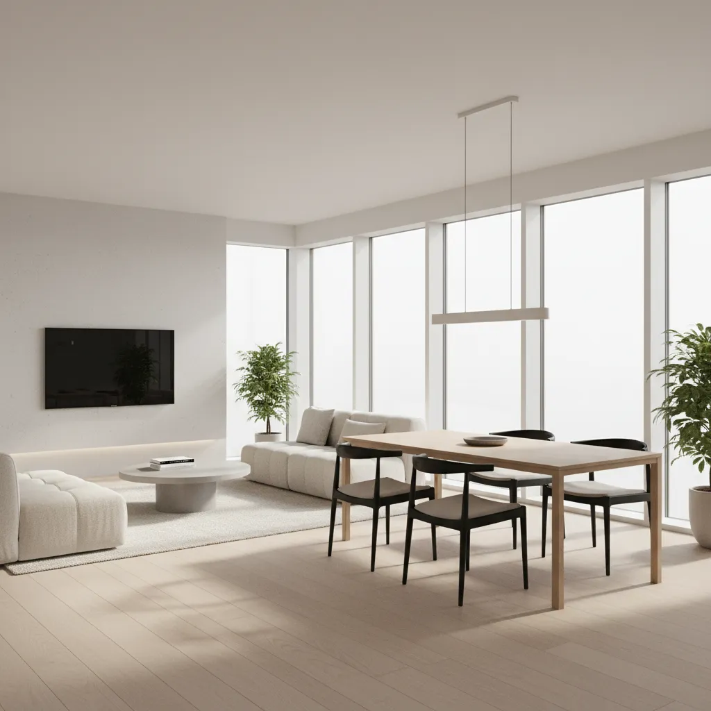 Render 3D realista de interior de vivienda moderna con iluminación natural