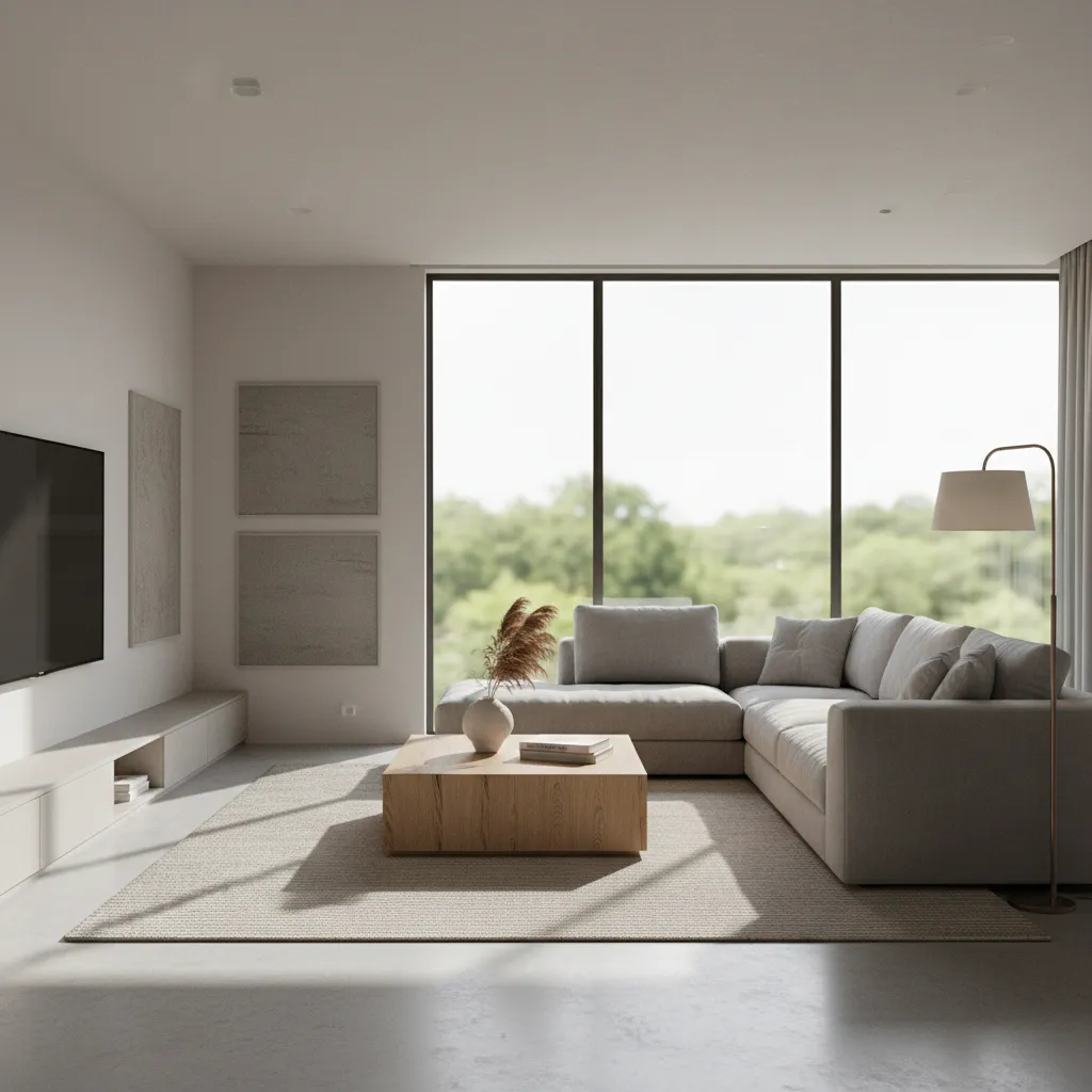Render 3D realista de un salón moderno generado desde software de diseño