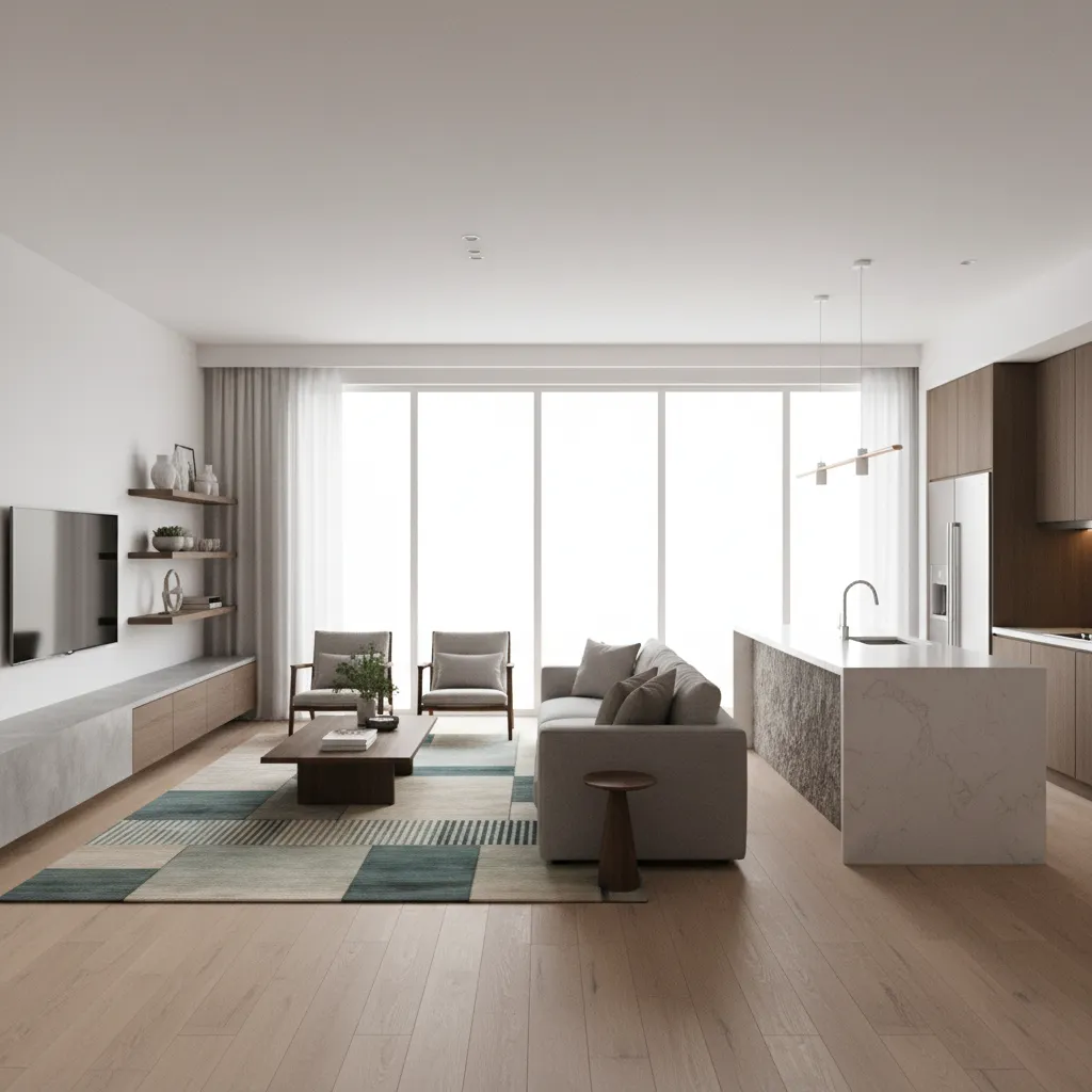 Modern open kitchen and living room with grey sofa white island table and wood flooring