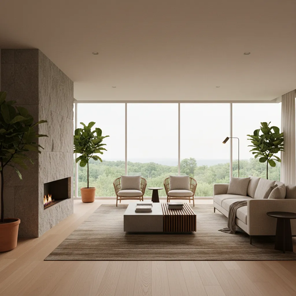 Render 3D realista de un salón moderno diseñado por un estudiante