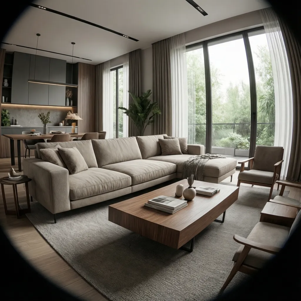 Render 3D de un salón moderno generado por software de diseño interior