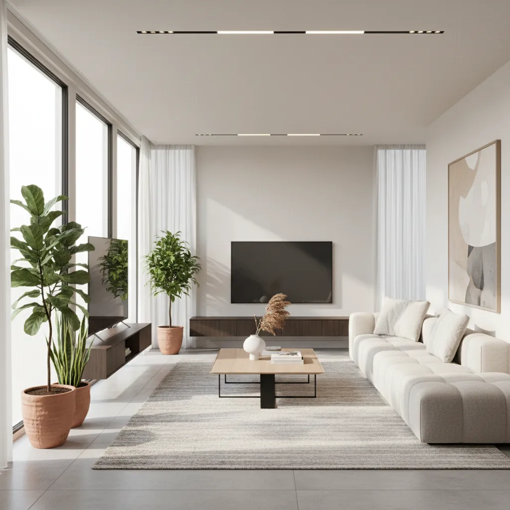 Visualización 3D realista de salón moderno generada con software de diseño