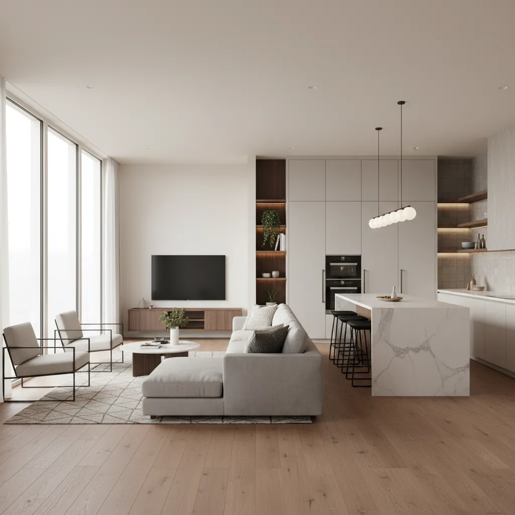 Interior de casa moderna con cocina abierta y sala integrada