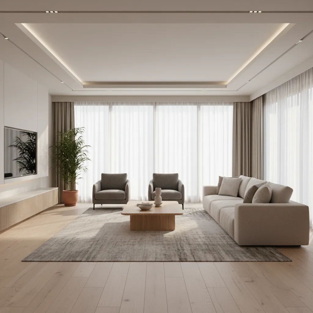 Render realista de salón moderno basado en diseño previo