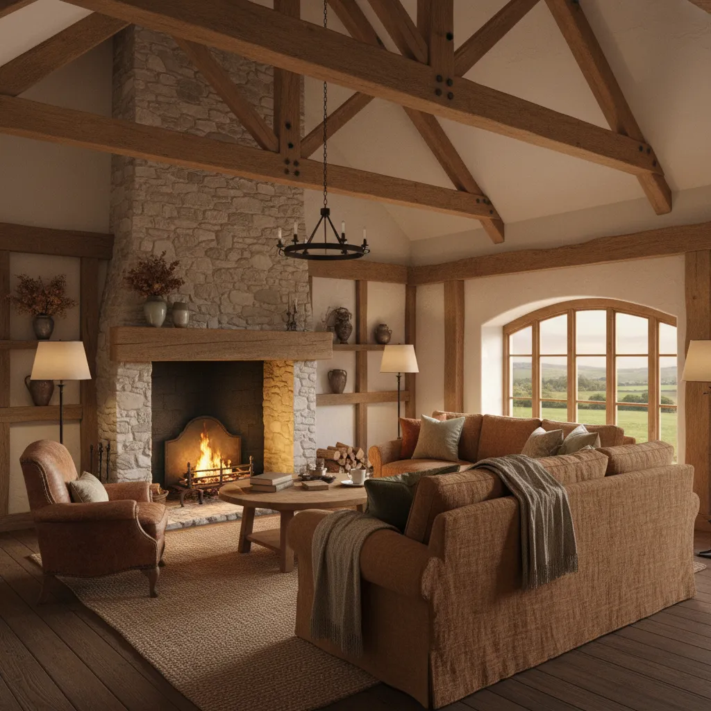Visualización digital del interior de una casa rural en proceso de diseño