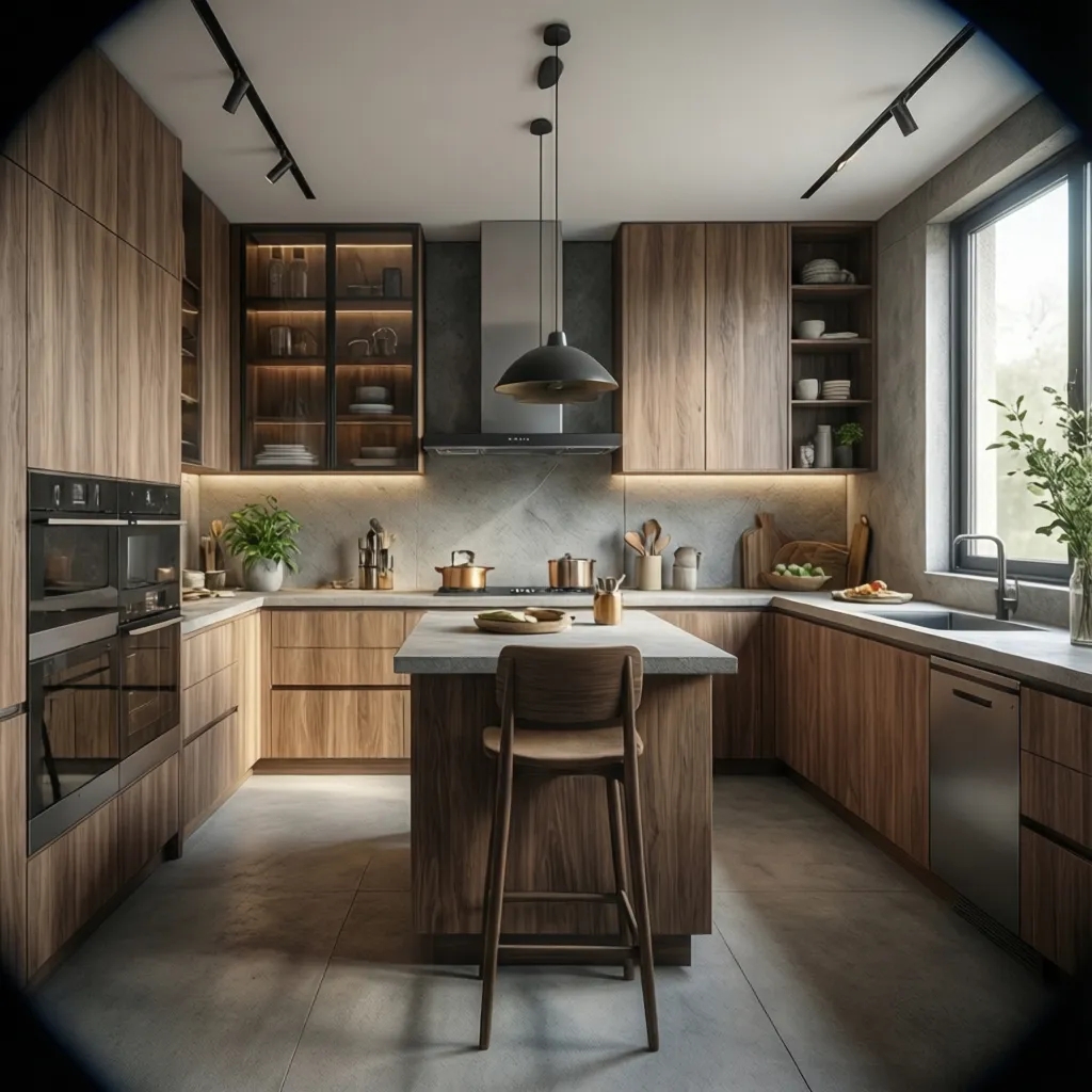 Modern kitchen with wood cabinets island with stool stone countertops and black ceiling light fixtures