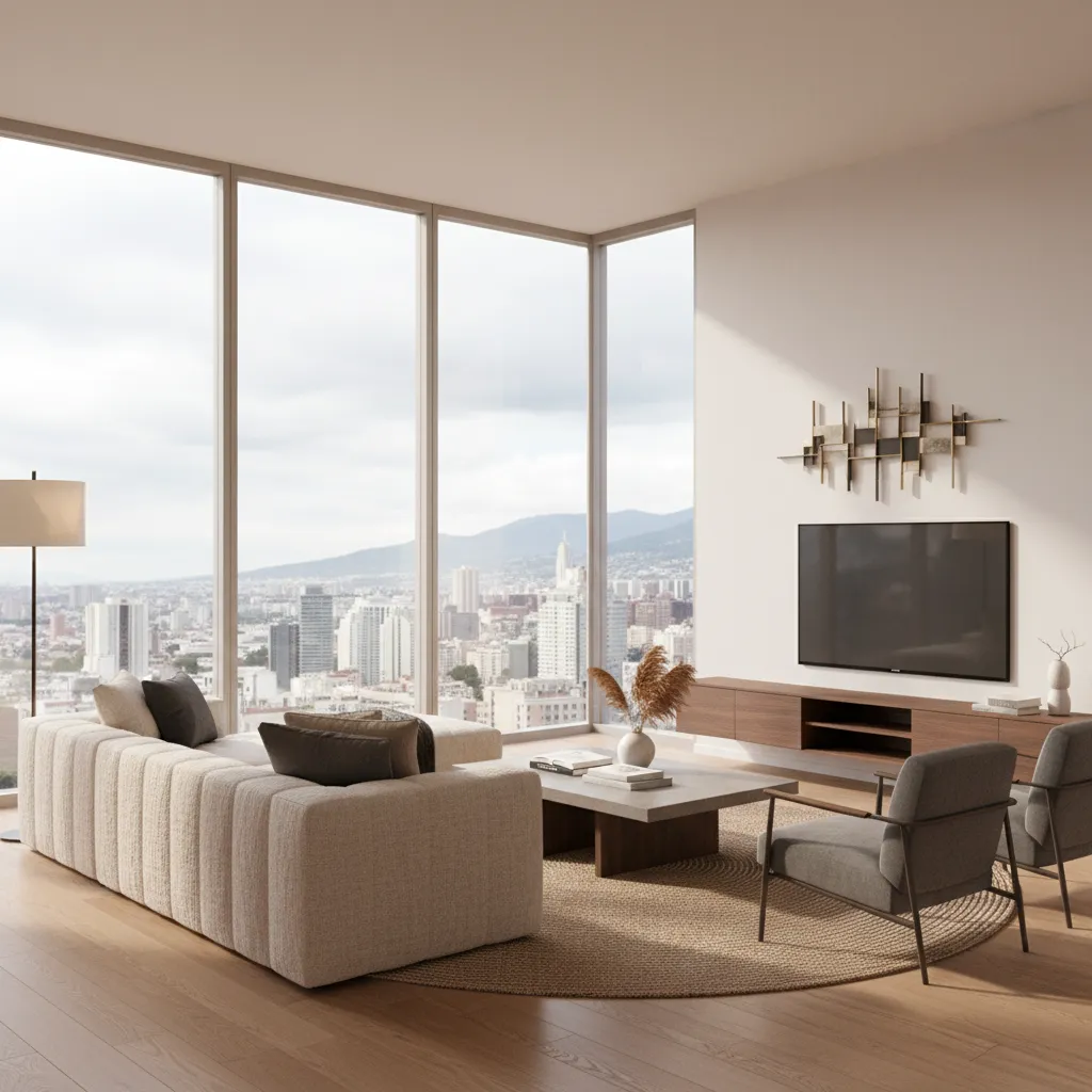 Render realista de una sala moderna generado con software 3D