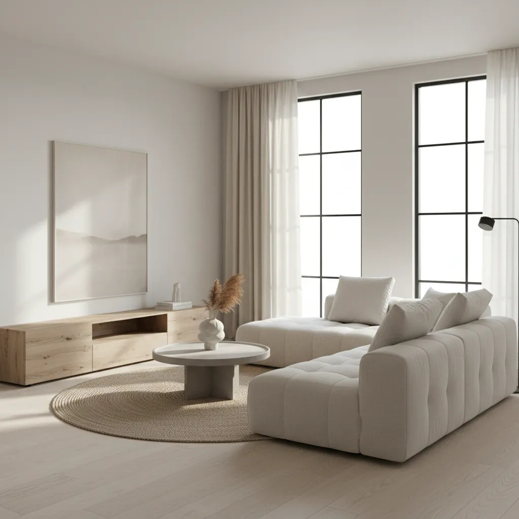 render 3D realista de un salón moderno