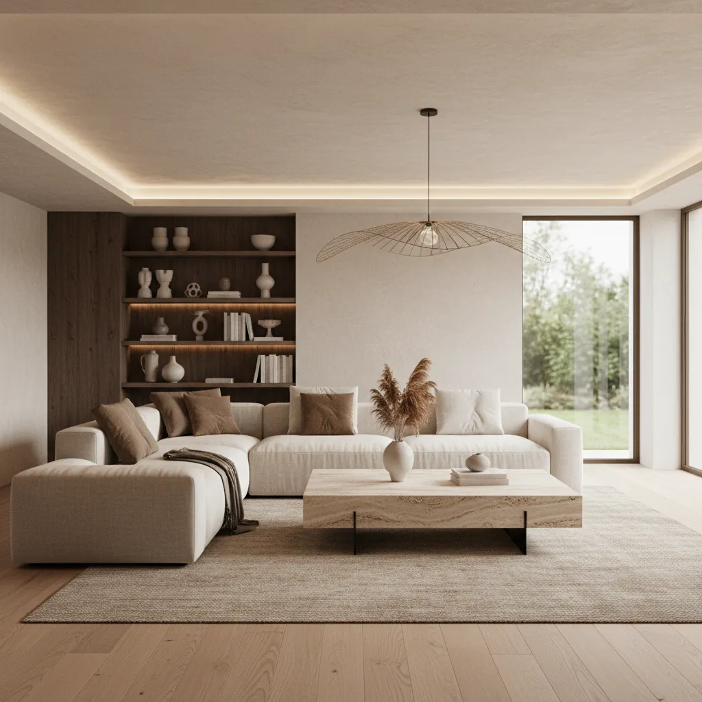 Render realista de un salón moderno generado durante el proceso de diseño de interiores