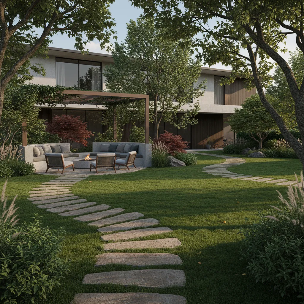 Visualización 3D de jardín con caminos y vegetación