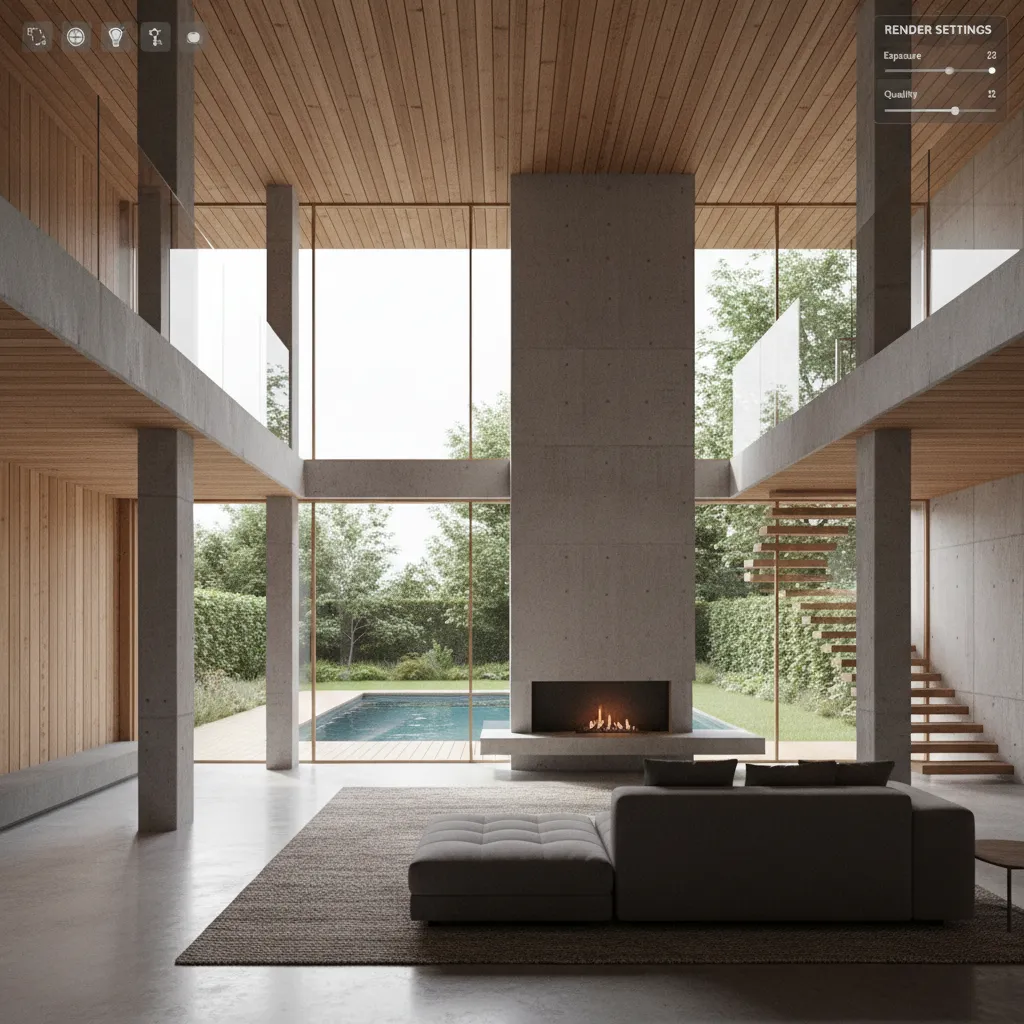 Modelo 3D de vivienda mostrando distintos materiales