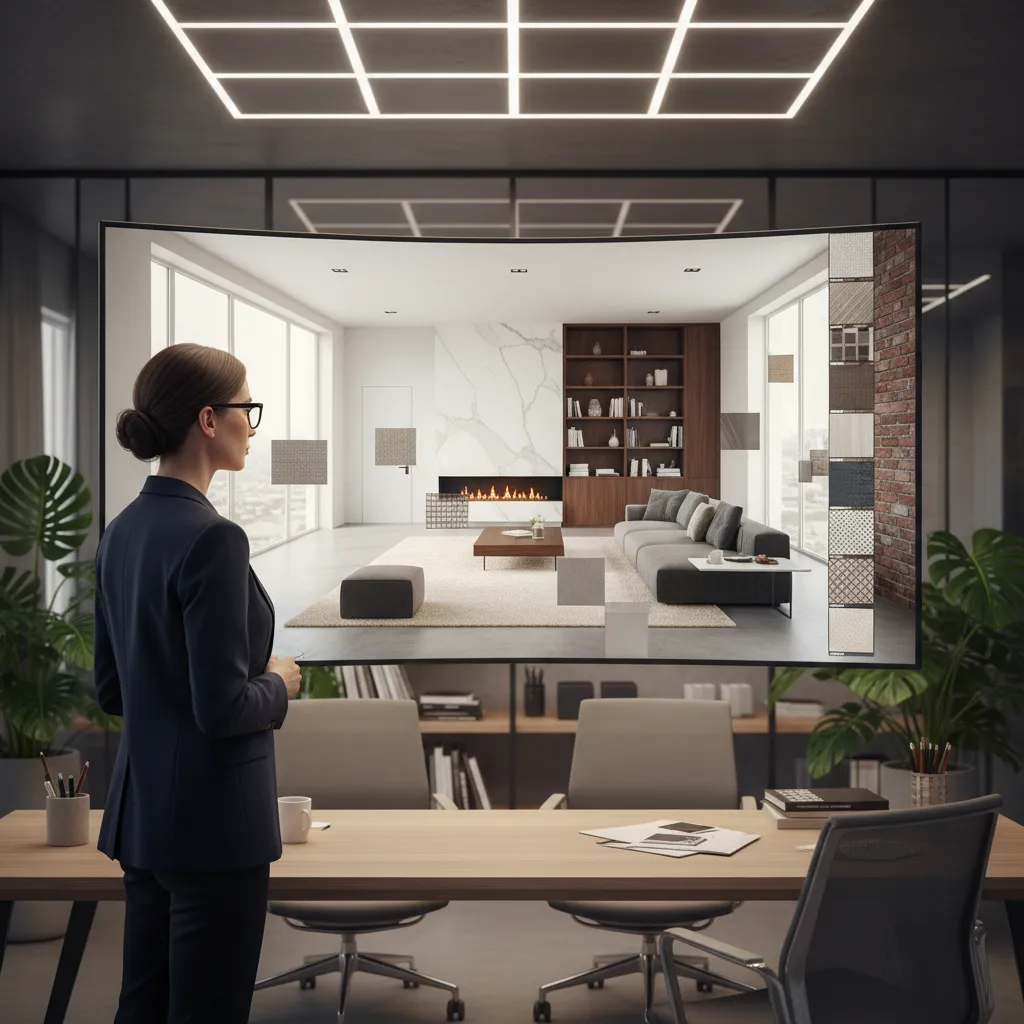 Professional woman looking at digital living room design with floating material and texture sample tiles