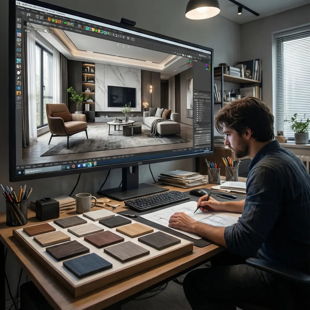 Diseñador visualizando materiales en un modelo 3D de interior