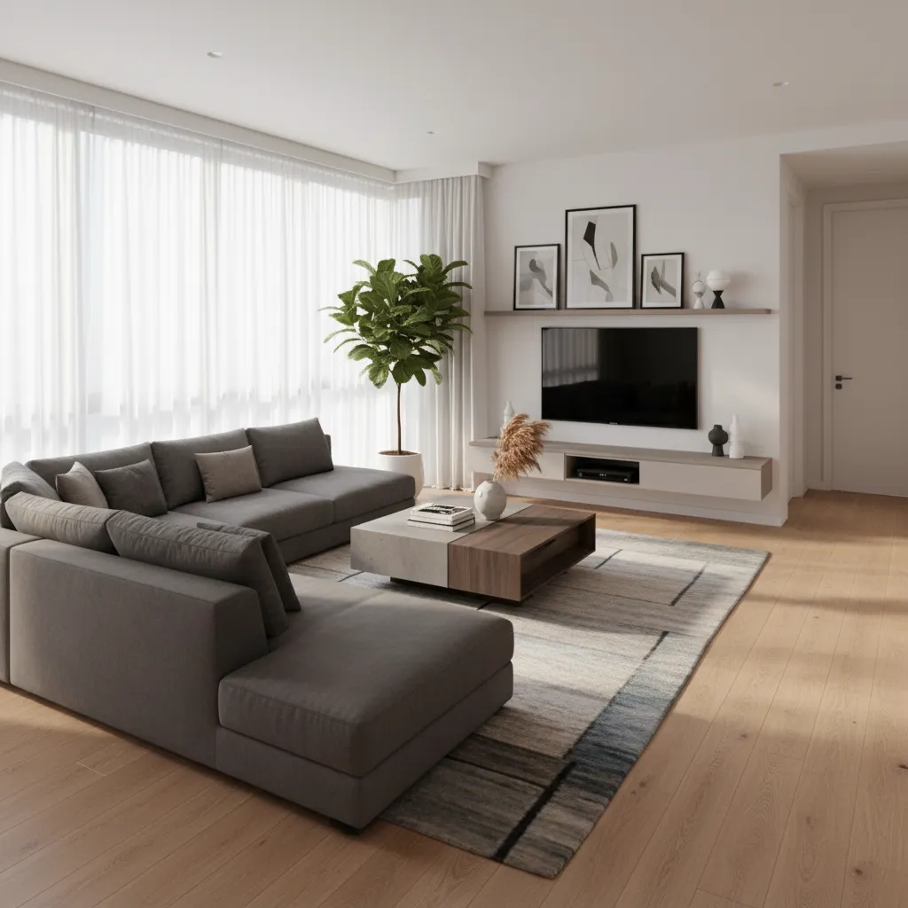 Visualización 3D de un salón mostrando proporción real entre sofá mesa y espacio