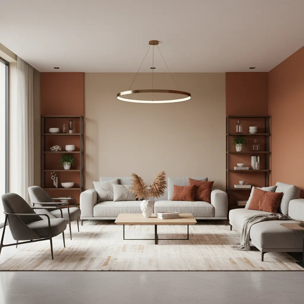 Spacious living room with grey sofas orange accent walls wooden coffee table and ceiling light