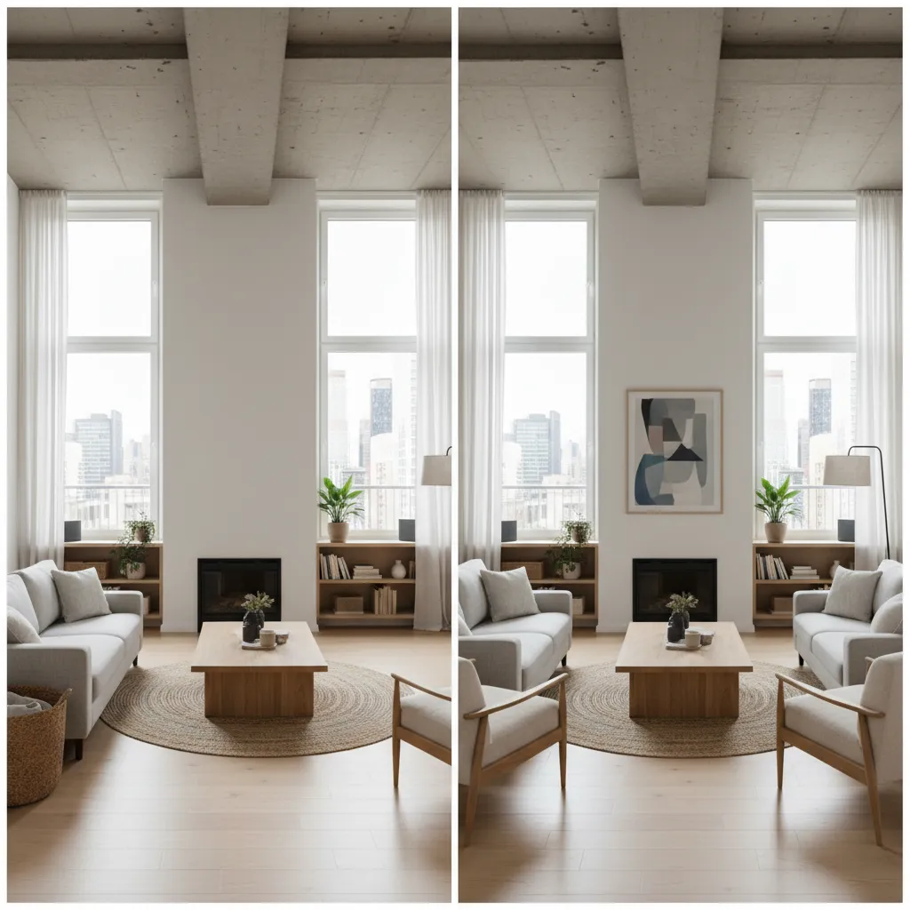 comparación entre piso vacío y visualización de diseño interior