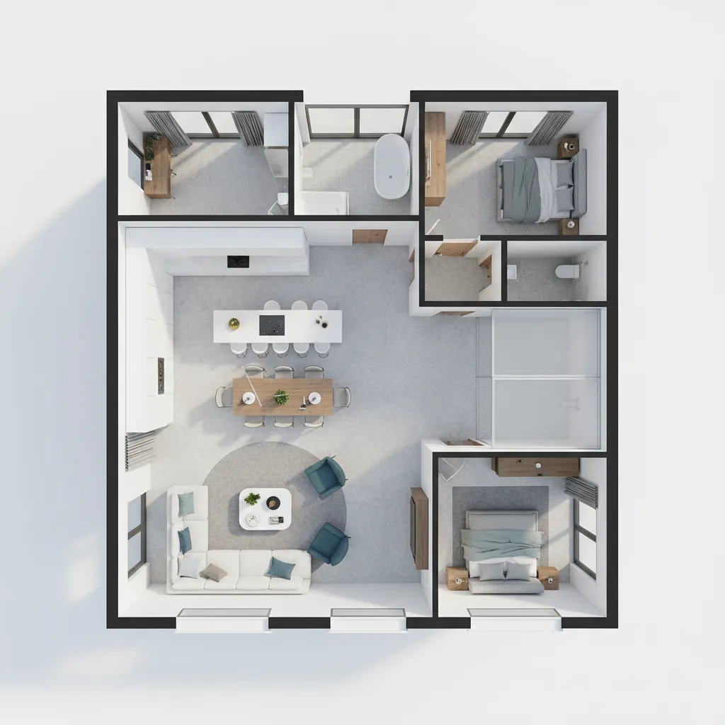 modelo 3D de una casa mostrando distribución interior