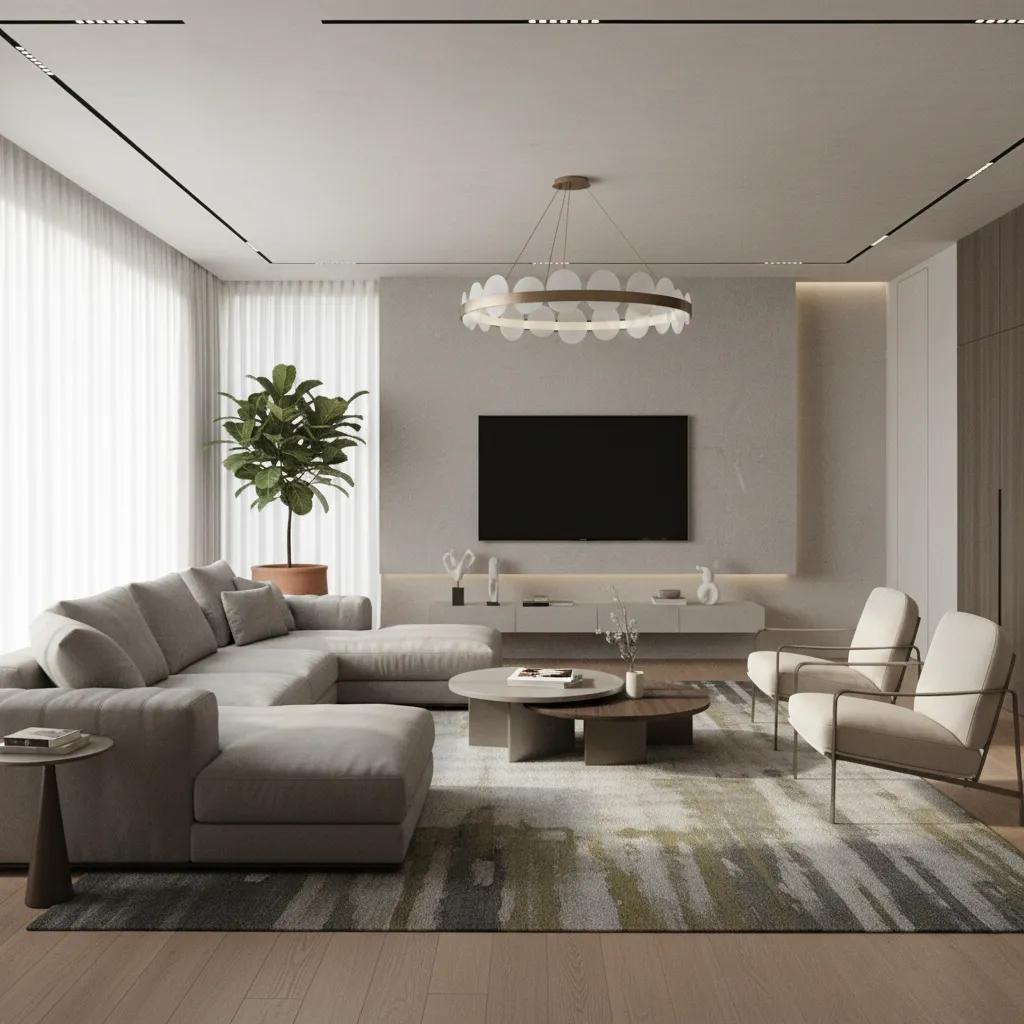 Modern living room with grey sofa two chairs coffee table ceiling light and a television