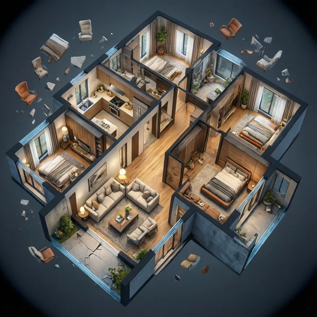 Modelo 3D de una casa mostrando interior con paredes abiertas