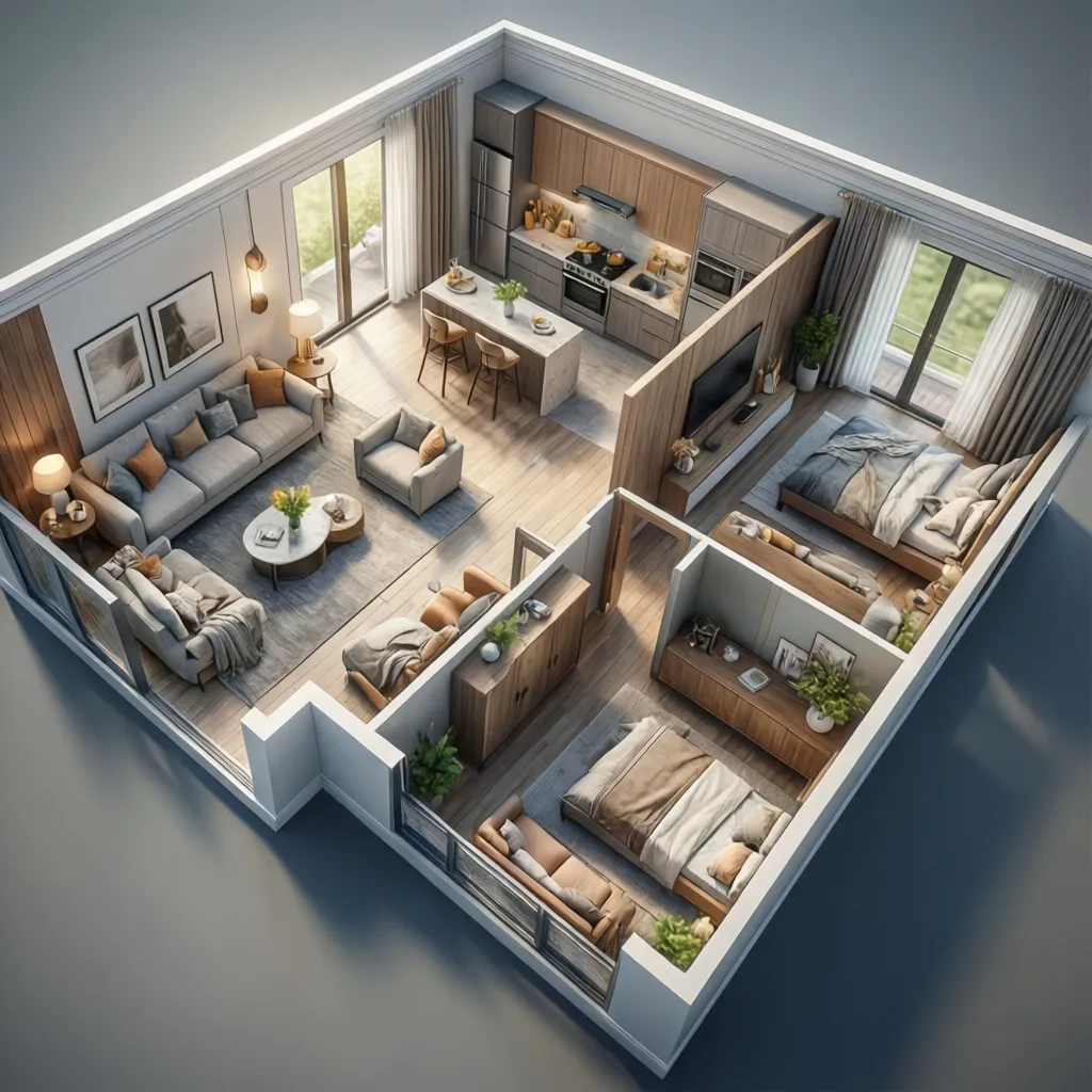 Visualización 3D de un plano de casa con muebles y distribución completa