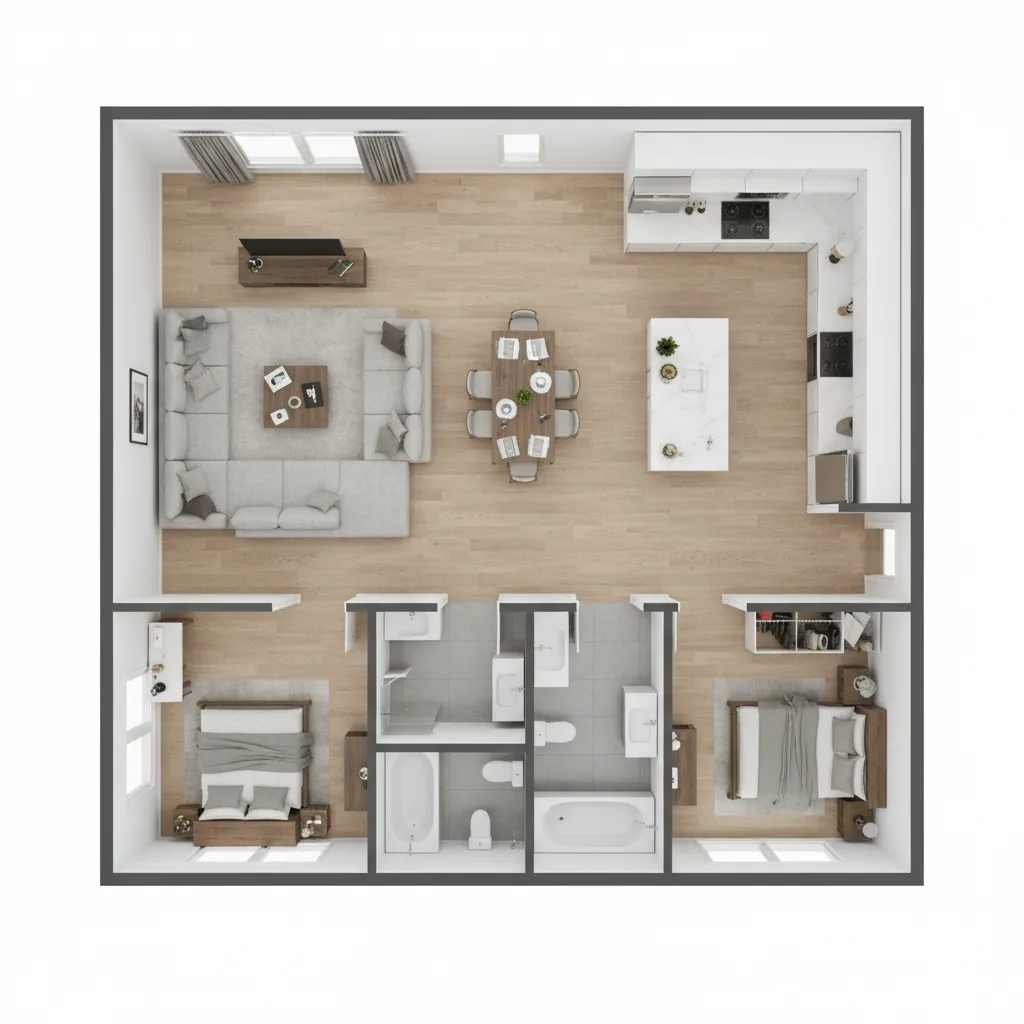 Plano de vivienda en 3D mostrando distribución de muebles y paredes