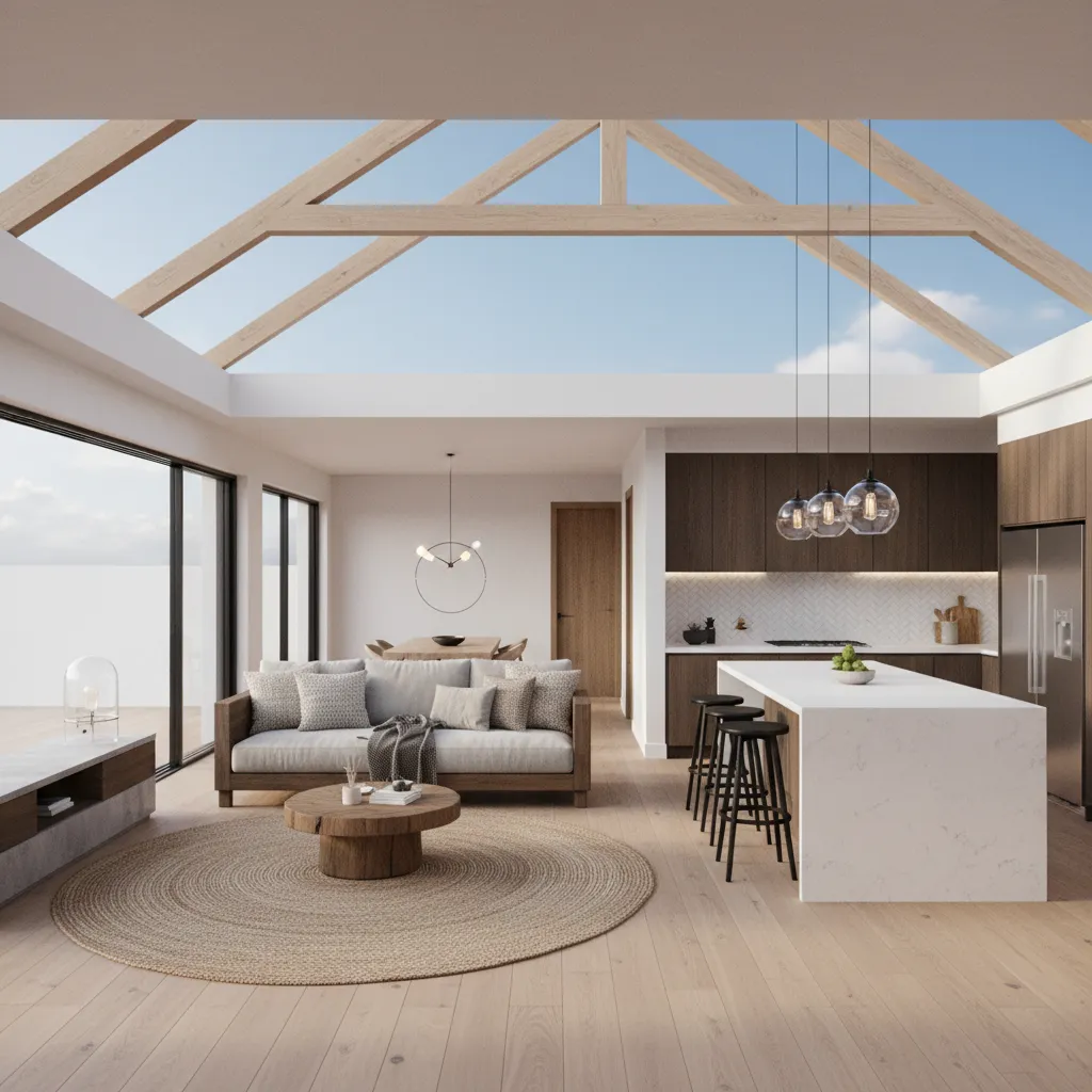 Modern open living room with grey sofa wood floors kitchen island and large glass windows