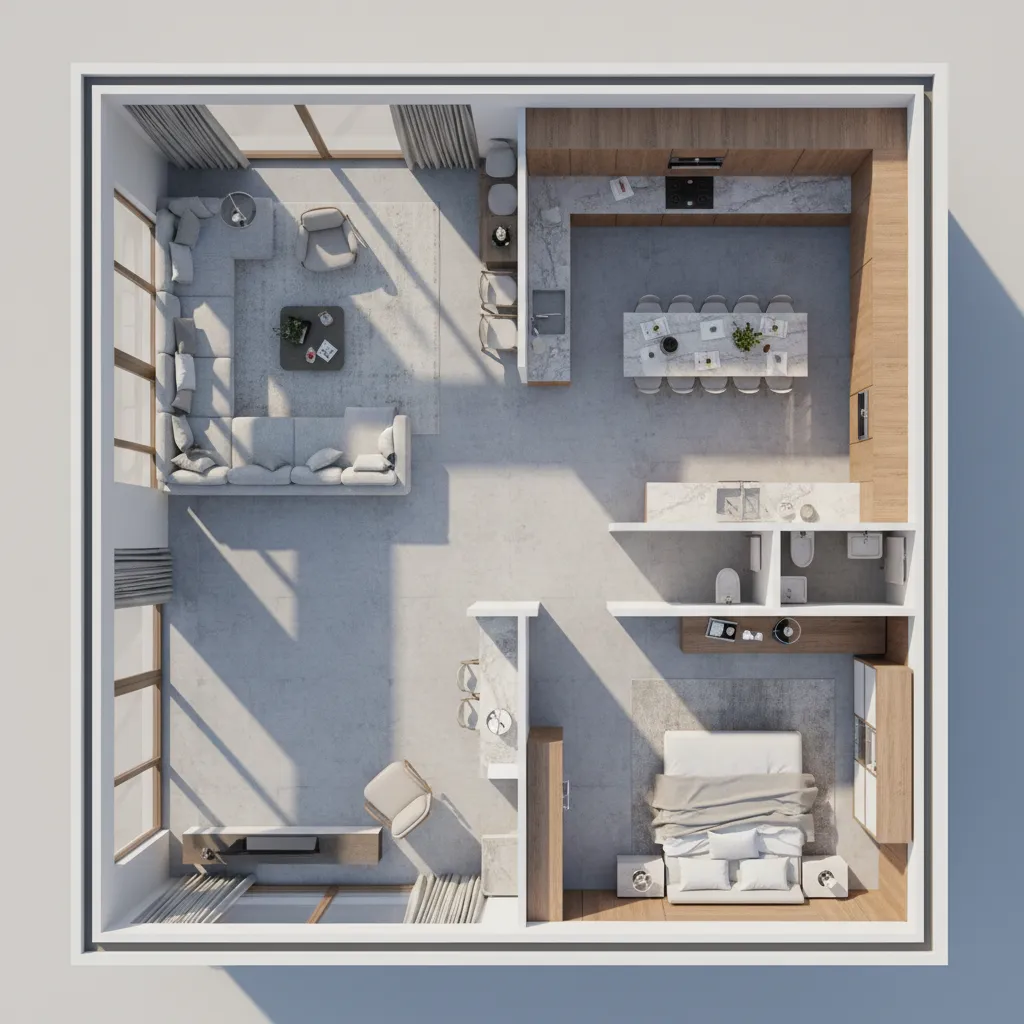 Top view interior design drawing of modern apartment with living room kitchen and bedroom layout