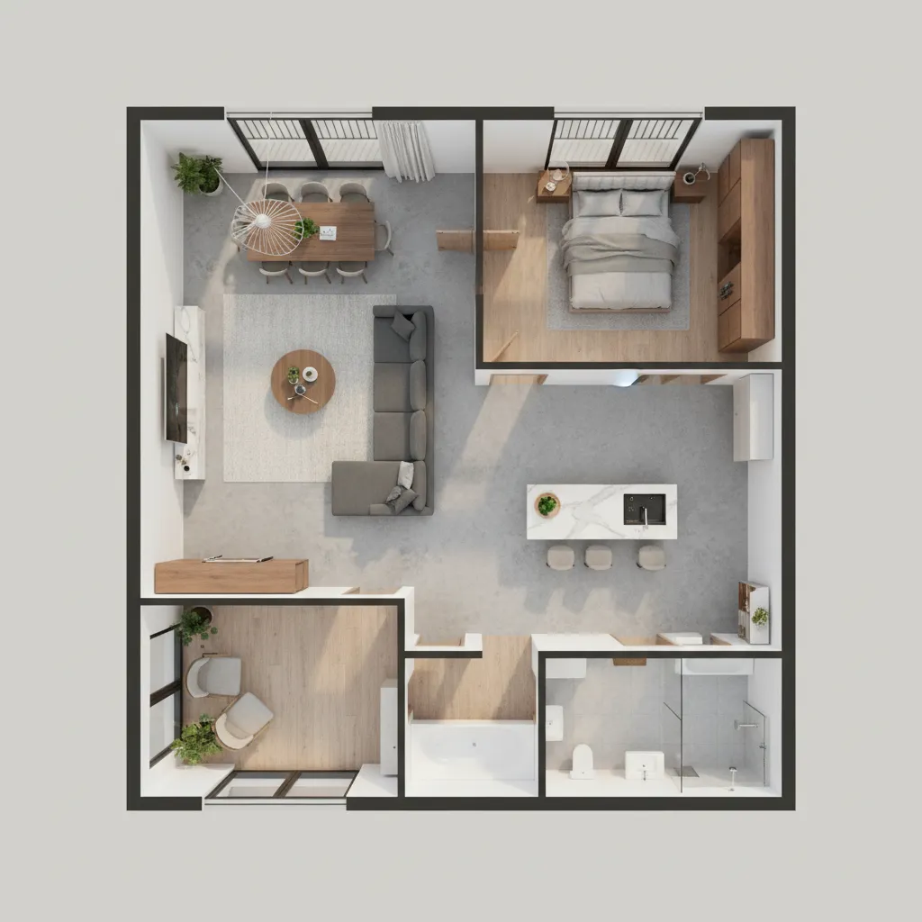 Visualización 3D de un plano de casa con muebles y distribución interior