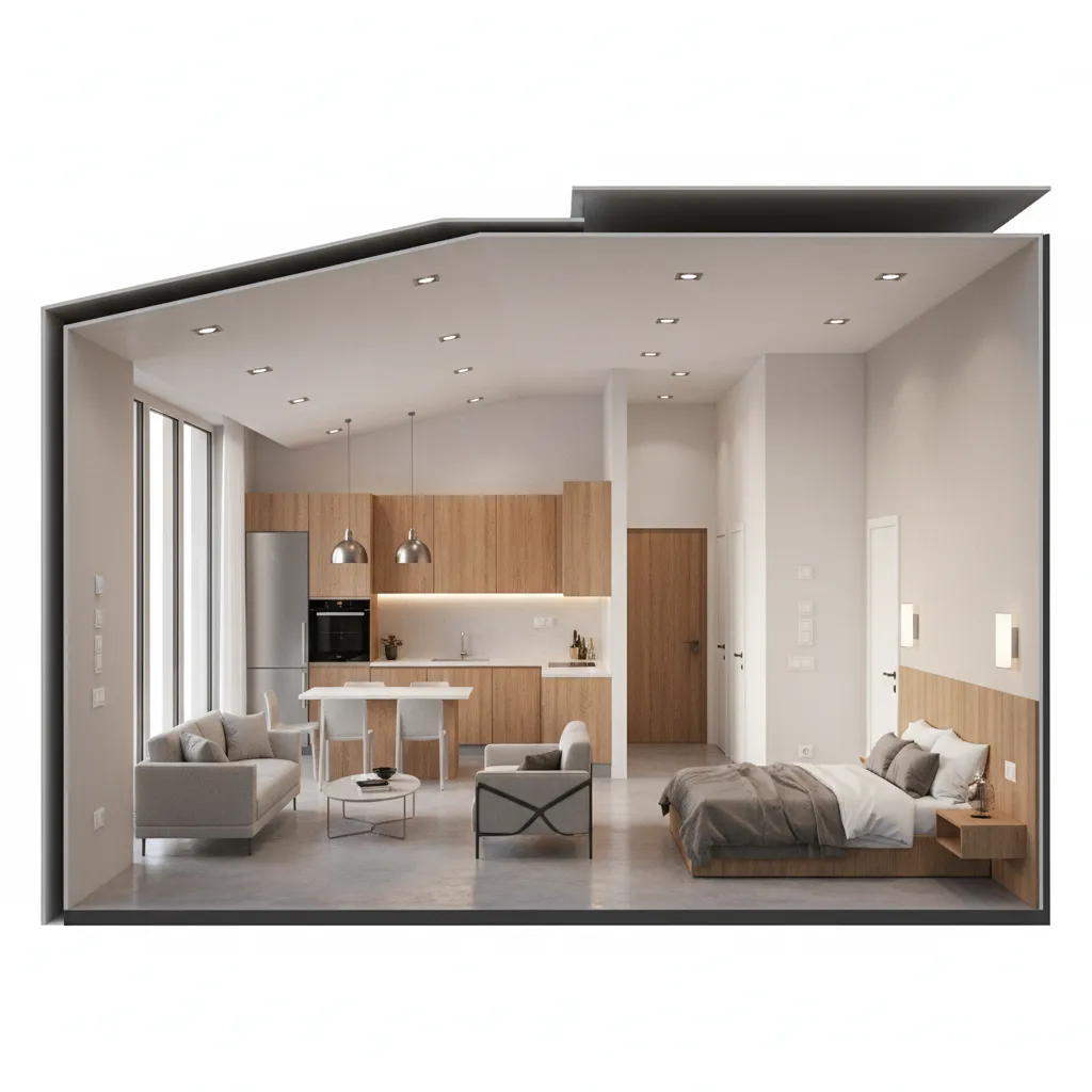 Modelo 3D de una vivienda mostrando enchufes e iluminación