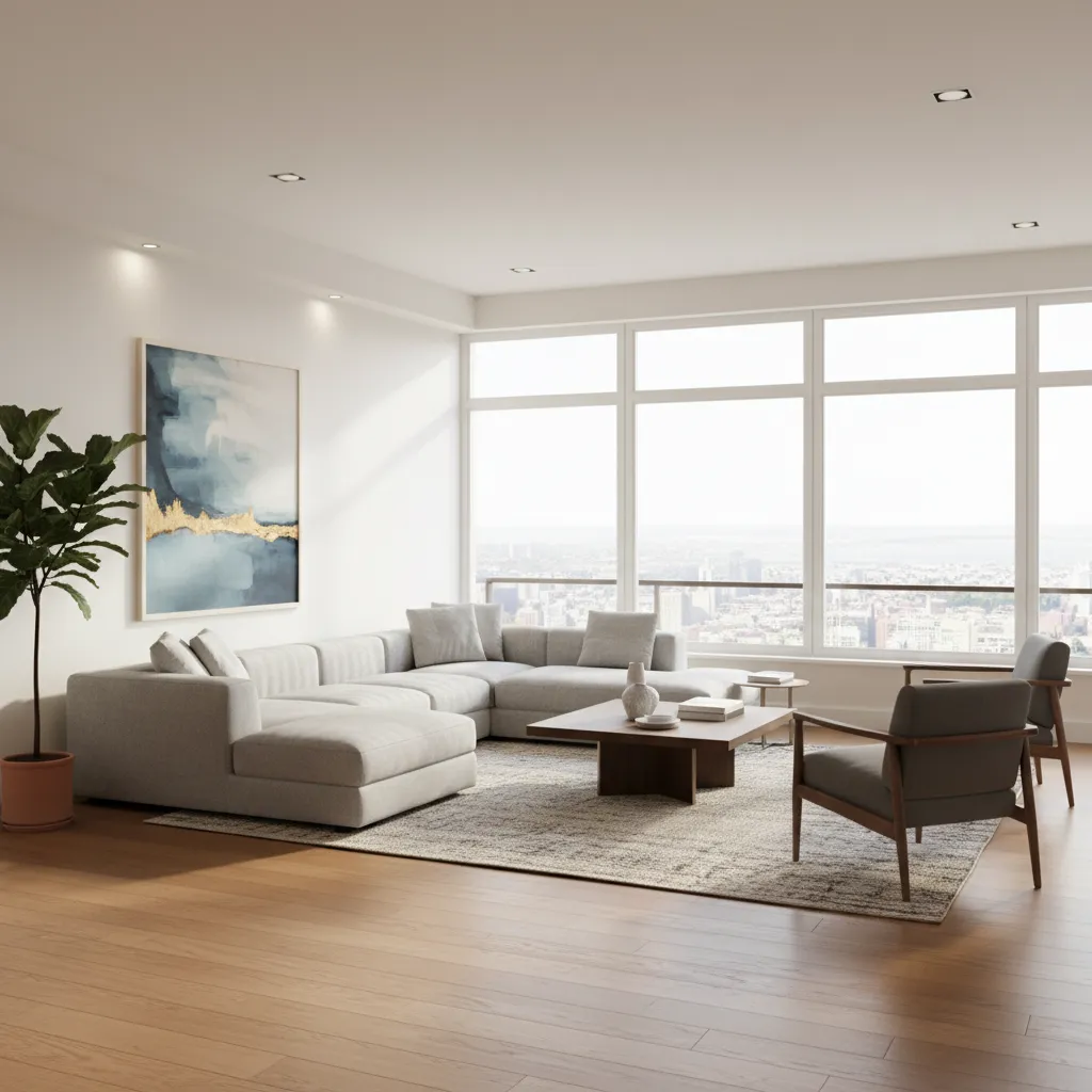 Modern living room with grey sofa, wooden coffee table, two chairs, large windows, city view