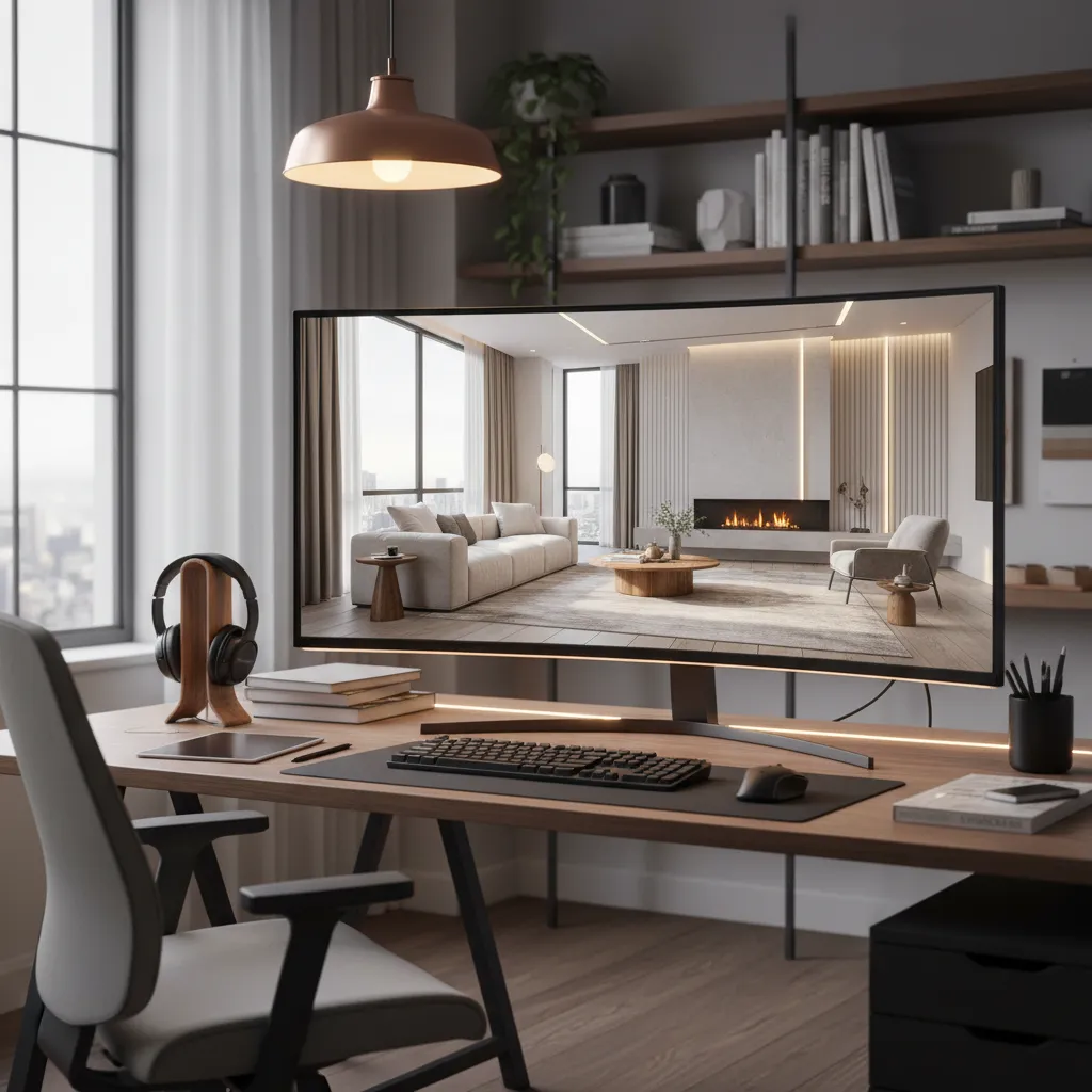 Render realista de un diseño interior moderno mostrado en pantalla