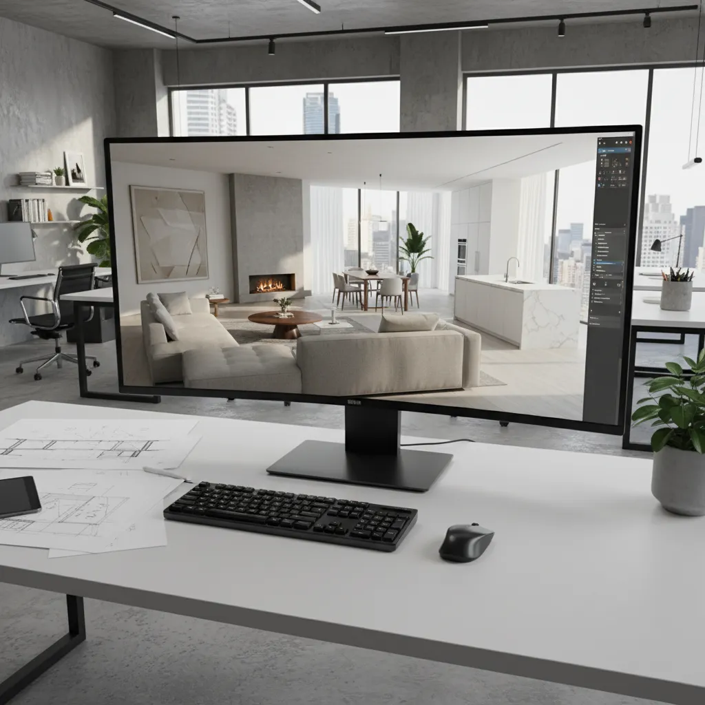 Pantalla mostrando visualización 3D de un proyecto de interiorismo