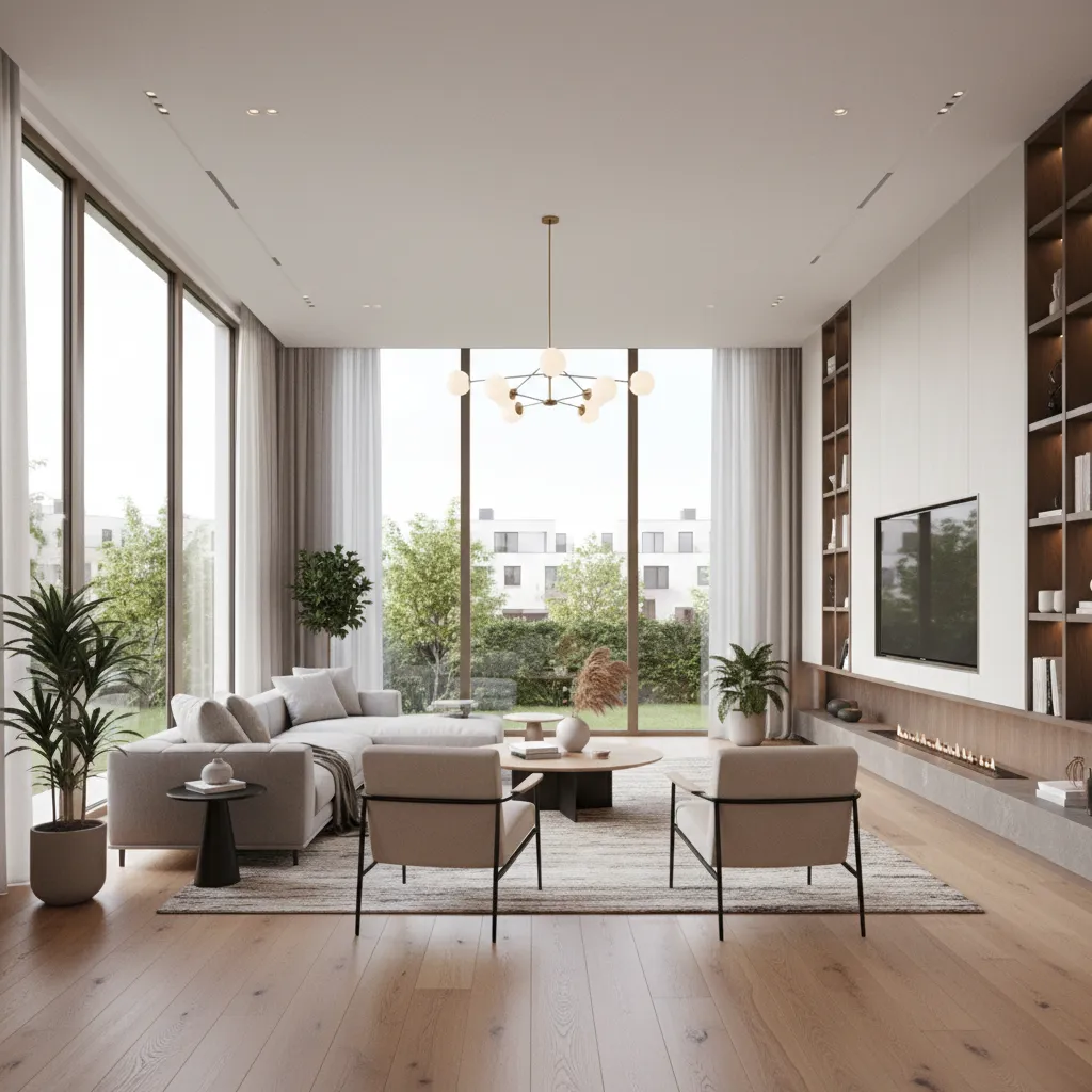 Render 3D de un salón moderno utilizado en una presentación de diseño