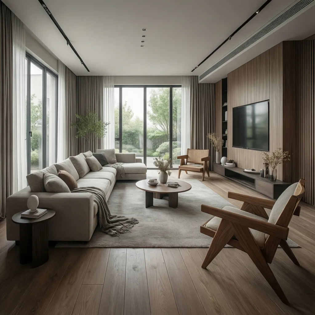 Render realista de un salón diseñado en proyecto de interiorismo