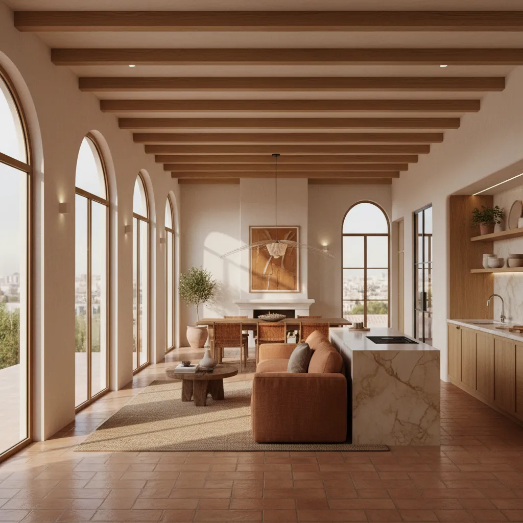 Render realista de reforma interior mostrando distribución y mobiliario