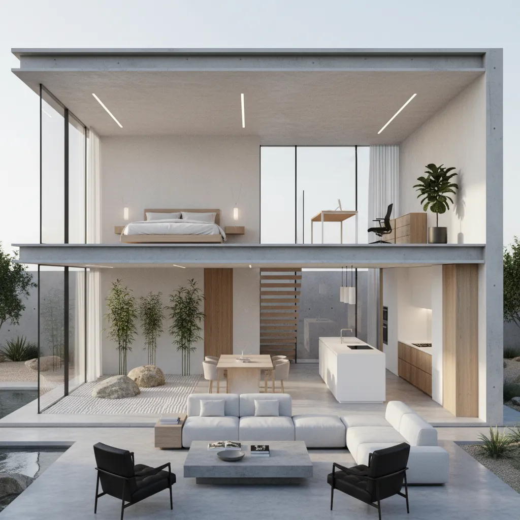 Render 3D de una casa moderna mostrando distribución interior