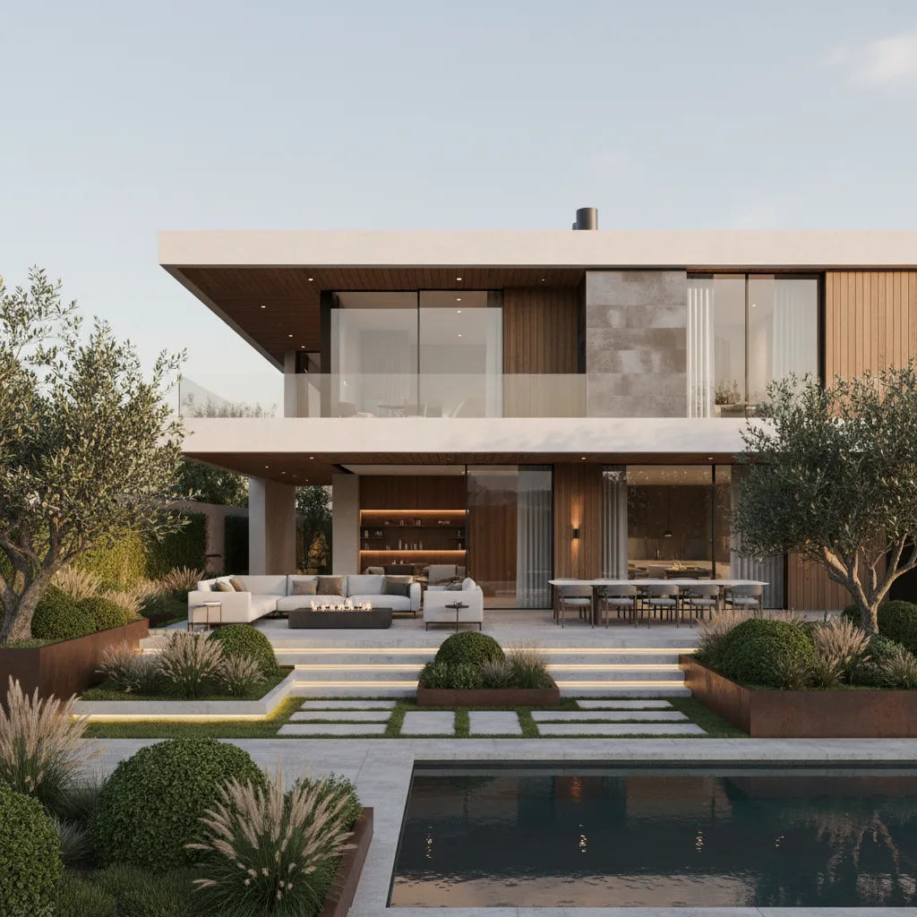 Render arquitectónico de casa moderna con jardín planificado